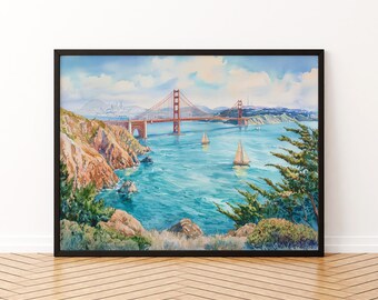 Póster de acuarela de San Francisco, California, impresión de viaje de San Francisco, pintura del horizonte de la ciudad, arte mural del Golden Gate, recuerdo de EE. UU.