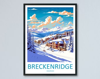 May include: A colorful illustration of a snowy mountain town with houses and trees. The sky is blue with white clouds. The text "BRECKENRIDGE COLORADO" is at the bottom of the image.
