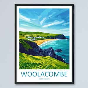 Woolacombe Cartoon Travel Poster Devon Wall Art UK Beach Print Coastal Illustration Seaside Decor Woolacombe Souvenir Gift