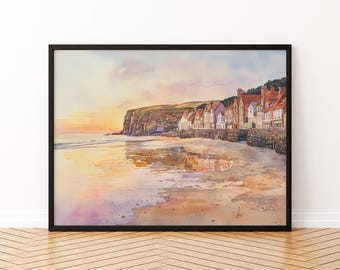 Robin Hood’s Bay England Watercolor Poster Robin Hoods Bay Travel Print Coastal Village Painting Wall Art UK Souvenir