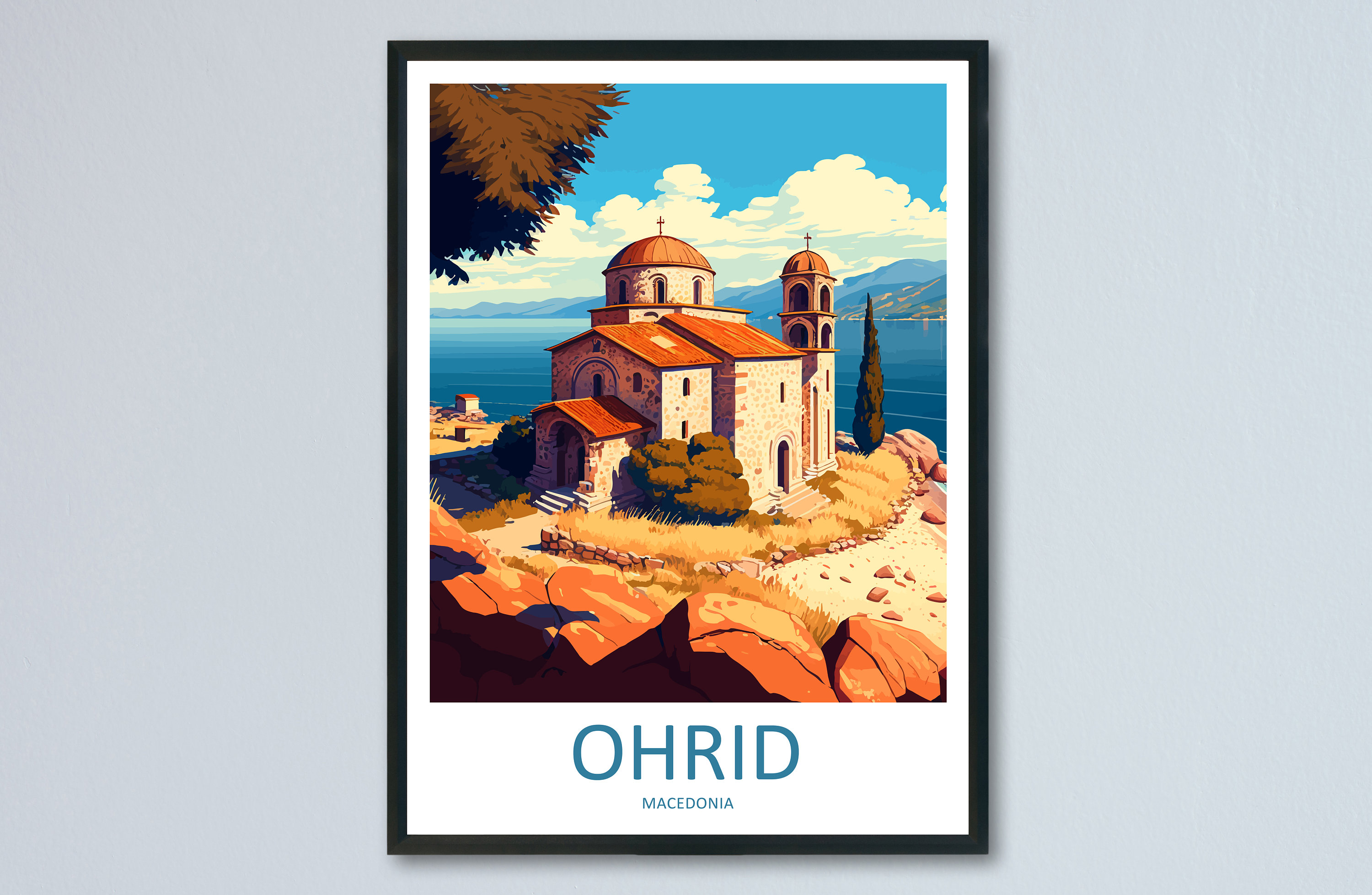 Impresión de viaje de Ohrid, decoración del hogar de la isla de Ohrid, impresión artística del lago Ohrid, impresión de pared de la iglesia de San Juan para Ohrid, regalo para Macedonia, teólogo de pared