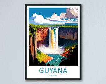 May include: A colorful illustration of Kaieteur Falls in Guyana, a waterfall in South America. The image features a large waterfall cascading over a cliff with lush green vegetation and a blue sky with white clouds.