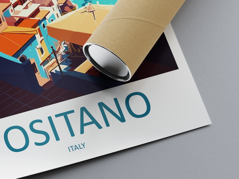 Może przedstawiać: Kolorowa ilustracja Positano we Włoszech, z brązowym kartonowym tubusem na g&oacute;rze wydruku. Tekst "Positano, Włochy" jest wydrukowany na dole obrazu kolorem niebieskim.