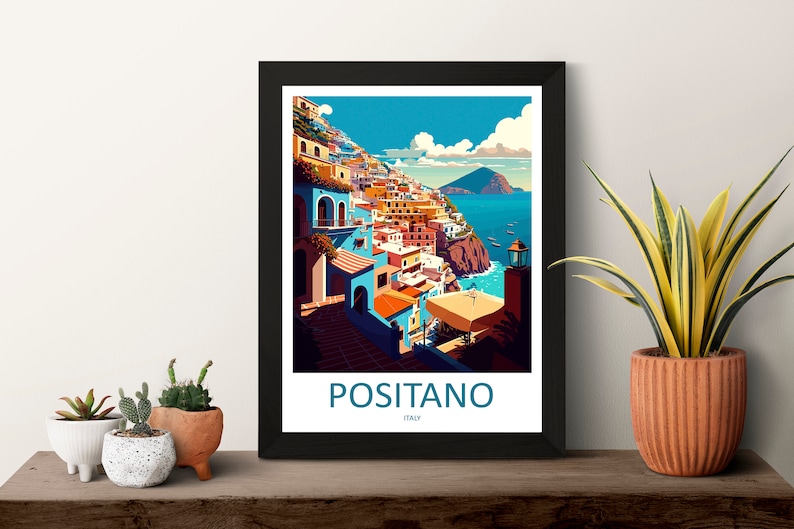 Może przedstawiać: Kolorowa ilustracja Positano, Włochy, miasta na Wybrzeżu Amalfi, z niebieskim niebem i oceanem w tle. Tekst "POSITANO" i "WŁOCHY" jest wydrukowany pod obrazem.
