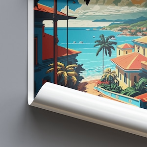 May include: A colourful illustration of a seaside town with buildings in shades of yellow, orange, and red. Palm trees and lush greenery line the streets leading down to a blue ocean.