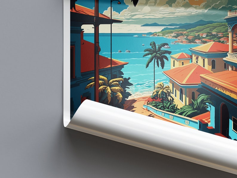 May include: A colourful illustration of a seaside town with buildings in shades of yellow, orange, and red. Palm trees and lush greenery line the streets leading down to a blue ocean.