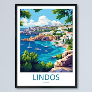 Póster de viaje de dibujos animados de Lindos, arte mural de Grecia, impresión de isla, ilustración costera, decoración histórica, regalo de recuerdo de Lindos