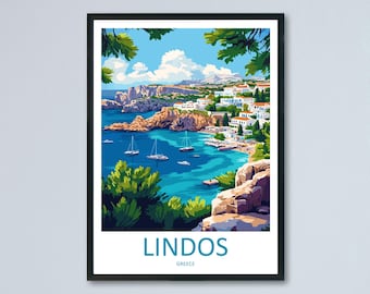 May include: Framed art print of Lindos, Greece. The image depicts a coastal scene with white buildings, turquoise water, and sailboats. Lush green foliage frames the top and bottom of the image. The word "LINDOS" is printed at the bottom.