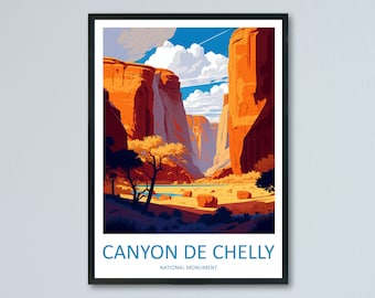 May include: A vintage travel poster featuring a colorful illustration of Canyon de Chelly National Monument in Arizona. The poster depicts a canyon with red rock cliffs, a blue river, and a bright blue sky with white clouds.