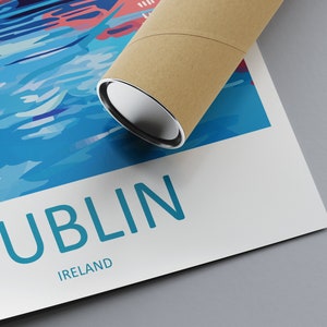 May include: A poster with a colorful abstract design of a river and the text "DUBLIN IRELAND" in blue.