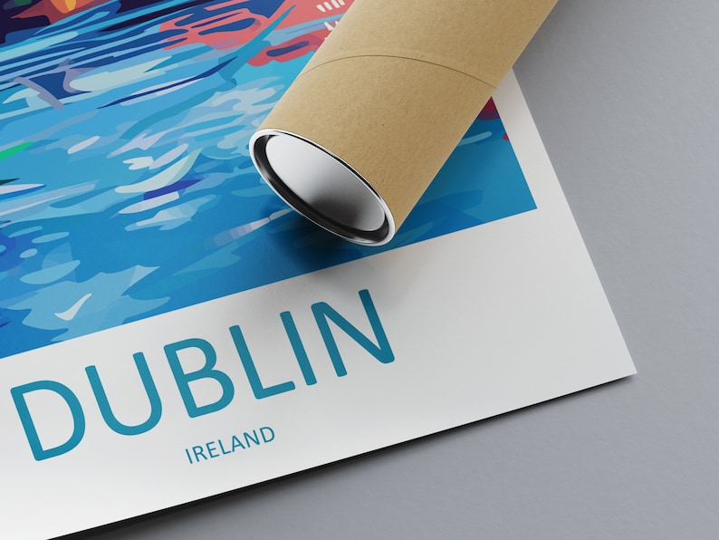 May include: A poster with a colorful abstract design of a river and the text "DUBLIN IRELAND" in blue.