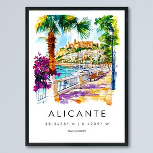 Alicante Watercolor Poster Alicante Travel Print Spain Wall Art Alicante Decor Coastal City Scene Castle Beach Spanish View Landscape
