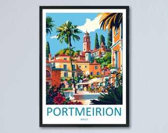 Póster de viaje de Portmeirion, arte mural de Gales, impresión de pueblo costero, ilustración con vista italiana, decoración escénica, regalo de Portmeirion, recuerdo
