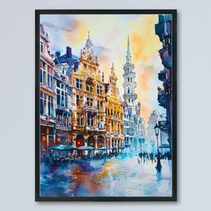 Brussels Watercolor Poster Brussels Travel Print Belgium Wall Art Brussels Cityscape Decor Grand Place Architecture Europe Scene Print