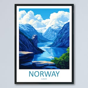 Norwegia Plakat podróżniczy Nordic Wall Art Fjord Krajobraz Wydruk Widok górski Ilustracja Scena nadmorska Dekoracja Norwegia Prezent Pamiątka