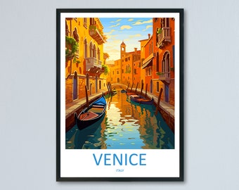 May include: A vintage travel poster featuring a colorful illustration of a canal in Venice, Italy. The poster has the text "VENICE" in blue letters and "ITALY" in smaller black letters.