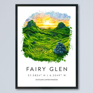 Póster de acuarela de Fairy Glen, impresión de viaje de Escocia, arte de pared, decoración del hogar de Fairy Glen, regalo de Fairy Glen, amantes del arte, isla de Skye