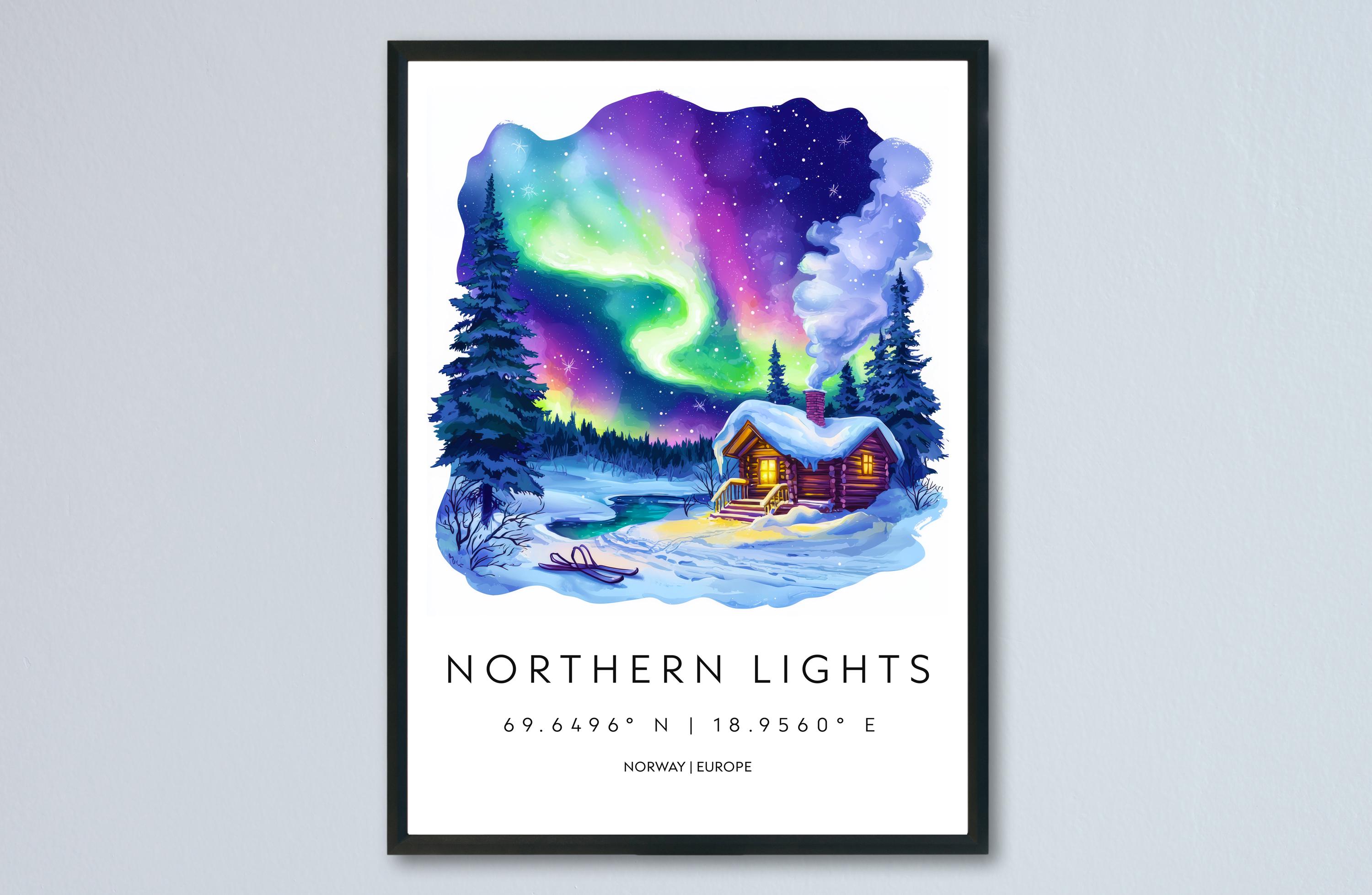 Northern Lights Watercolor Poster Northern Lights Travel Print Northern Lights Wall Art Northern Lights Painting Aurora Borealis Decor