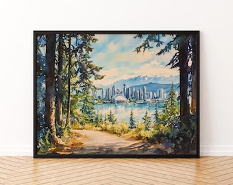 May include: Watercolour painting of a cityscape framed by trees. The artwork depicts a path leading to a lake with a city skyline and mountains in the background. The painting is in a black frame.