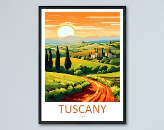 May include: A vintage travel poster featuring a scenic view of rolling hills, a winding dirt road, and a small village in Tuscany, Italy. The poster has a sunset sky with a bright orange sun and the text "Tuscany, Italy" at the bottom.