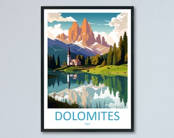 May include: A colourful illustration of a mountain range with a church and lake in the foreground. The mountains are a mix of orange, brown, and white, with a blue sky and white clouds above. The lake reflects the mountains and sky, creating a beautiful scene. The text "DOLOMITES ITALY" is at the bottom of the image.