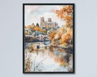 Affiche aquarelle de Durham, impression de voyage de Durham, art mural de Durham, peinture de la ville de Durham, souvenir de la cathédrale de Durham, décoration britannique