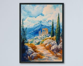 Póster de acuarela del Monte Olimpo, arte mural, colgante de pared del Monte Olimpo, decoración para el hogar, regalo del Monte Olimpo, arte mural para amantes del arte griego.
