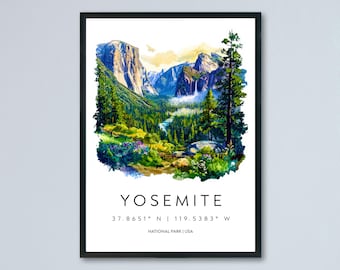Yosemite Watercolor Poster Yosemite Travel Print Yosemite Wall Art National Park Painting Yosemite Souvenir Decor