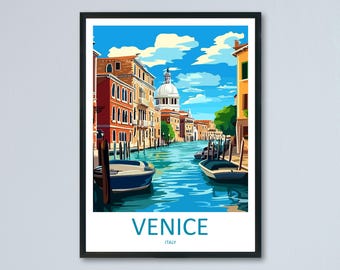 May include: A colorful illustration of a canal in Venice, Italy. The canal is lined with buildings and boats. The text "VENICE" and "ITALY" is at the bottom of the image.