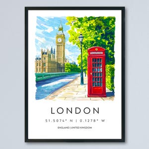 Poster acquerello di Londra, stampa di viaggio di Londra, Inghilterra, arte murale, arredamento per la casa di Londra, regalo per amanti dell&#39;arte, paesaggio urbano del Regno Unito