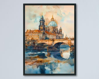 Dresden aquarel poster muurkunst Dresden muur hangend woondecoratie Dresden cadeau kunstliefhebbers Duitsland muurkunst