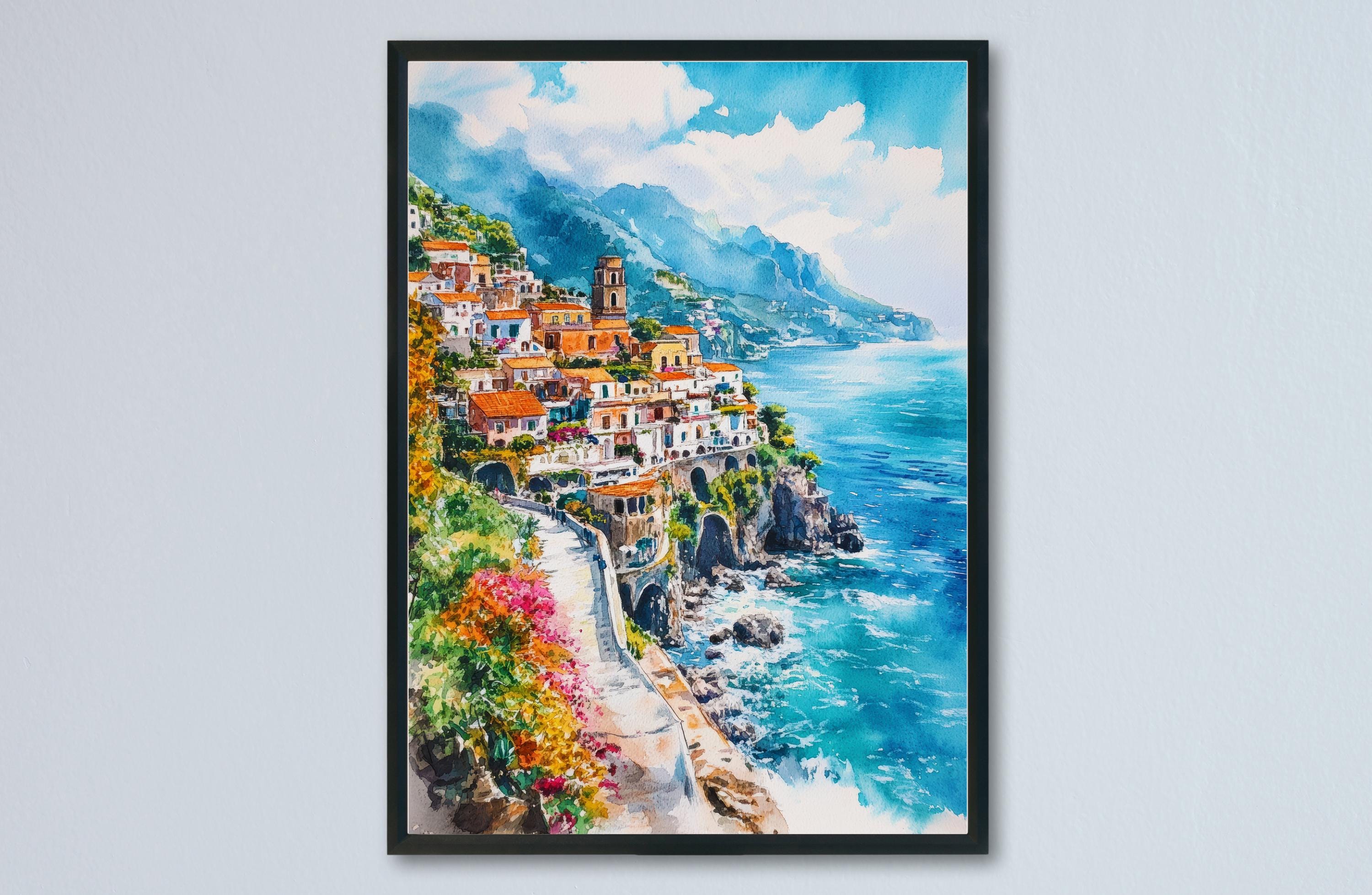 Amalfi Coast Watercolor Poster Wall Art Amalfi Coast Wall Hanging