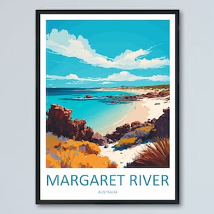 May include: A colourful illustration of a beach scene with turquoise water, white sand, and red rocks. The sky is blue with white clouds. The text "MARGARET RIVER AUSTRALIA" is at the bottom of the image.