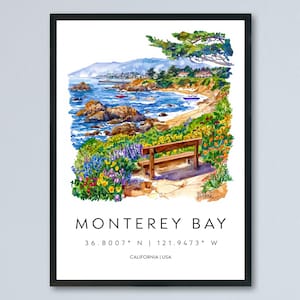 モントレー湾の水彩画ポスター、モントレー湾の旅行プリント、モントレー湾の壁アート、モントレー湾の絵画、モントレー湾のお土産、カリフォルニアの装飾