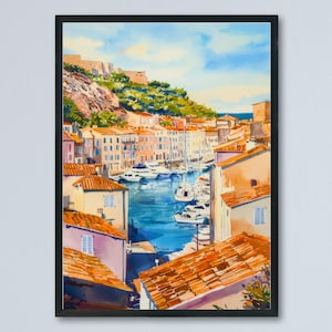 Affiche aquarelle de Marseille, impression voyage Marseille, art mural France, déco Marseille, scène vieux port, vue sur la ville côtière, impression méditerranéenne