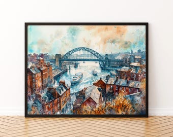 Plakat z akwarelą z Newcastle, pejzaż, sztuka ścienna, Newcastle, dekoracja ścienna do domu, Newcastle, prezent, miłośnicy sztuki, Wielka Brytania, sztuka ścienna