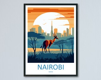 May include: A colorful illustration of a cityscape with a large sun in the background. A brown antelope stands in the foreground with green grass and trees. The text "NAIROBI KENYA" is at the bottom of the image.