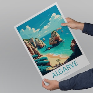 May include: A colorful illustration of a beach scene in Algarve, Portugal. The image features a rocky coastline, turquoise water, and a sandy beach with a lone tree. The text "ALGARVE" and "PORTUGAL" is printed in blue at the bottom of the image.