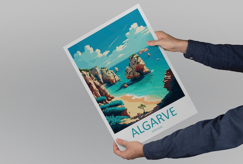 May include: A colorful illustration of a beach scene in Algarve, Portugal. The image features a rocky coastline, turquoise water, and a sandy beach with a lone tree. The text "ALGARVE" and "PORTUGAL" is printed in blue at the bottom of the image.