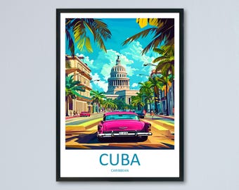 Kuba Cartoon Reise Poster Karibik Wand Kunst Insel Straße Druck Bunt Architektur Illustration Kuba Dekoration Vintage Geschenk Souvenir
