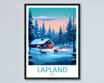 May include: A winter scene with a small cabin in a snowy forest. The cabin has a lit window and a snowy roof. There are deer in the foreground and a blue sky with clouds in the background. The text "LAPLAND" and "FINLAND" is at the bottom of the image.