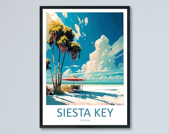 May include: A colorful illustration of a beach scene with palm trees, a red umbrella, and a white sandy beach. The text "SIESTA KEY FLORIDA" is at the bottom of the image.