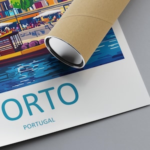 May include: A rolled poster featuring a colorful illustration of Porto, Portugal. The artwork depicts a waterfront scene with boats, buildings, and the text "PORTO PORTUGAL" in teal. The poster is partially rolled.