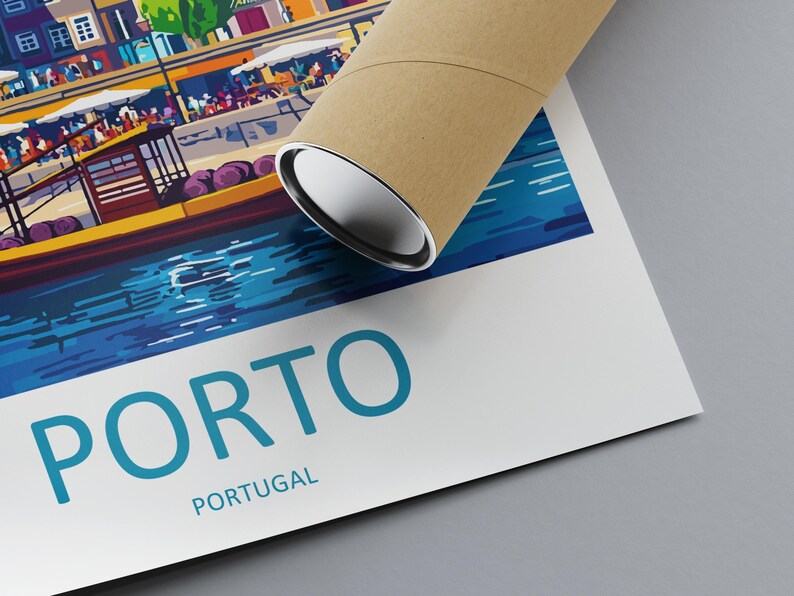 May include: A rolled poster featuring a colorful illustration of Porto, Portugal. The artwork depicts a waterfront scene with boats, buildings, and the text "PORTO PORTUGAL" in teal. The poster is partially rolled.