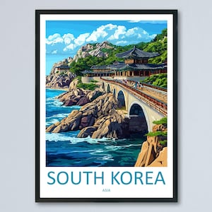 South Korea Travel Poster Asia Wall Art Country View Print City and Temple Illustration Korean Landscape Decor Korea Gift Souvenir