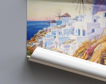 ミコノス島 水彩画 ポスター ギリシャ 旅行 プリント ウォールアート