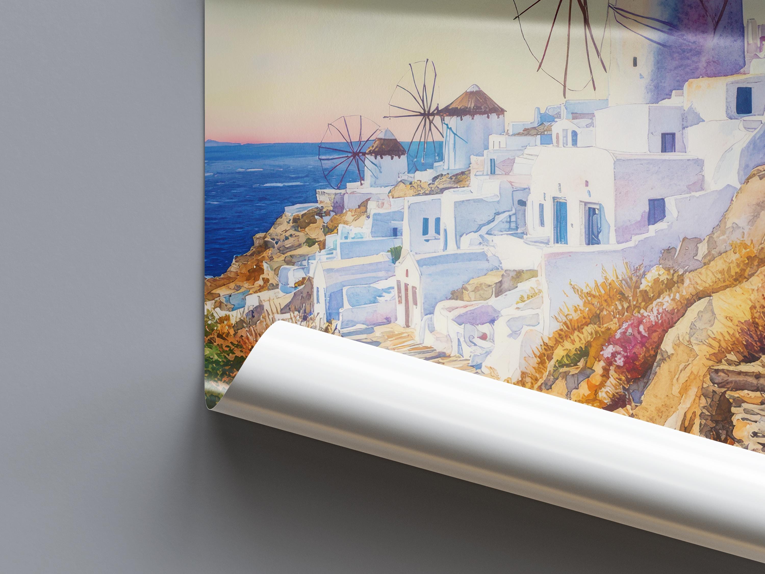 ミコノス島 水彩画 ポスター ギリシャ 旅行 プリント ウォールアート