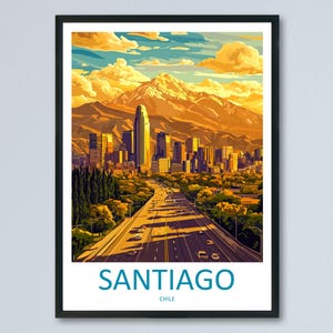 Poster di viaggio a fumetti di Santiago del Cile, Sud America, arte murale, stampa della città, illustrazione delle Ande, arredamento urbano, souvenir di Santiago, regalo