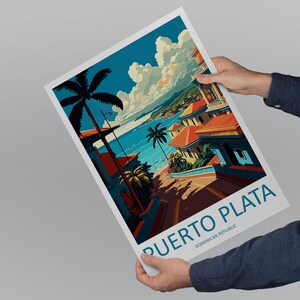 May include: A vintage travel poster featuring a colourful illustration of Puerto Plata, Dominican Republic. The poster depicts a street lined with palm trees and buildings, overlooking a blue ocean with boats. The text "PUERTO PLATA, DOMINICAN REPUBLIC" is printed in blue at the bottom.