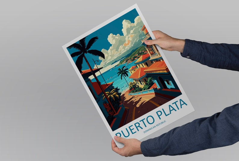 May include: A vintage travel poster featuring a colourful illustration of Puerto Plata, Dominican Republic. The poster depicts a street lined with palm trees and buildings, overlooking a blue ocean with boats. The text "PUERTO PLATA, DOMINICAN REPUBLIC" is printed in blue at the bottom.